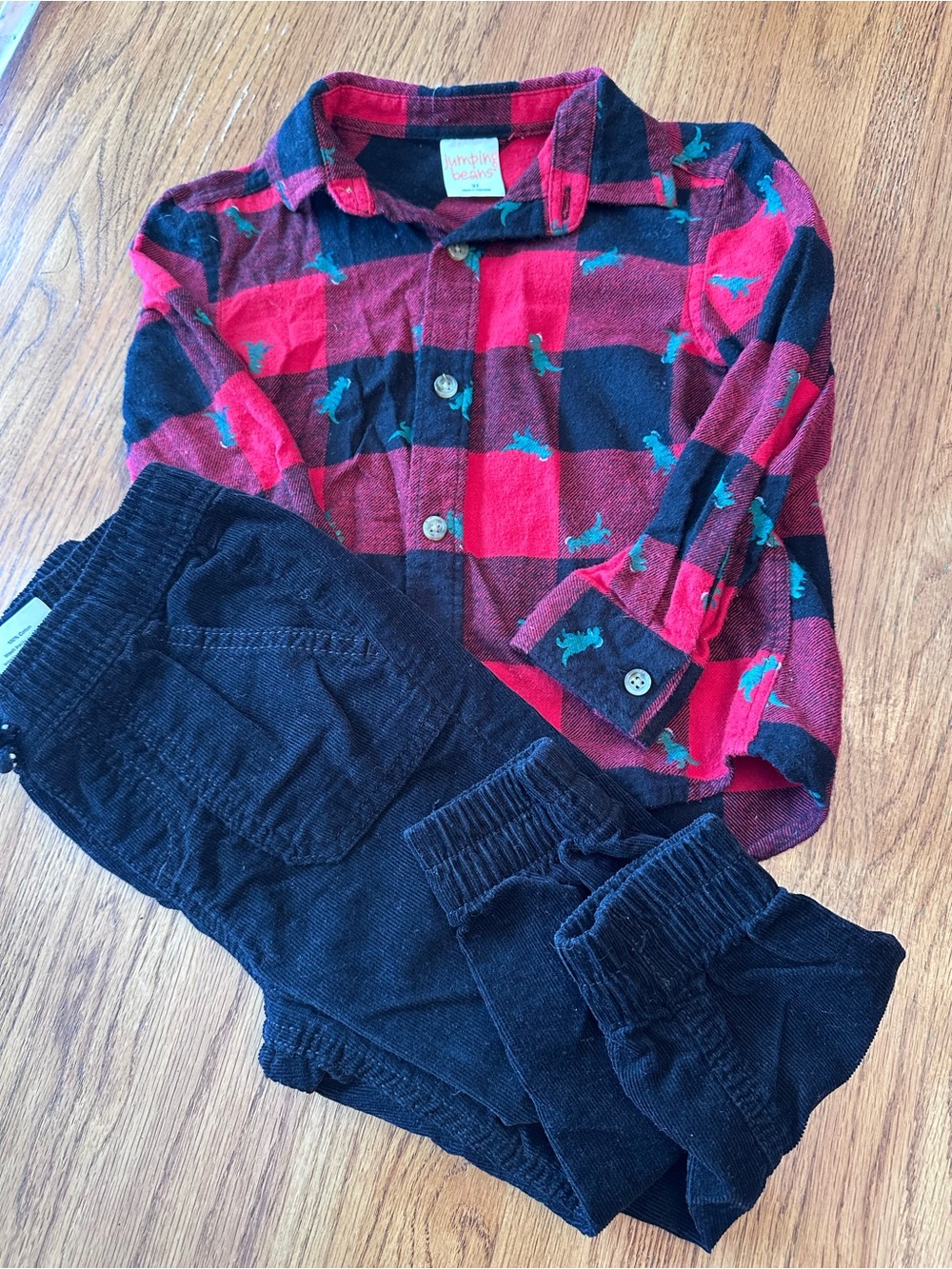 jumping beans Red & Black Buffalo Plaid Shirt with Teal Dinosaur Print & pants